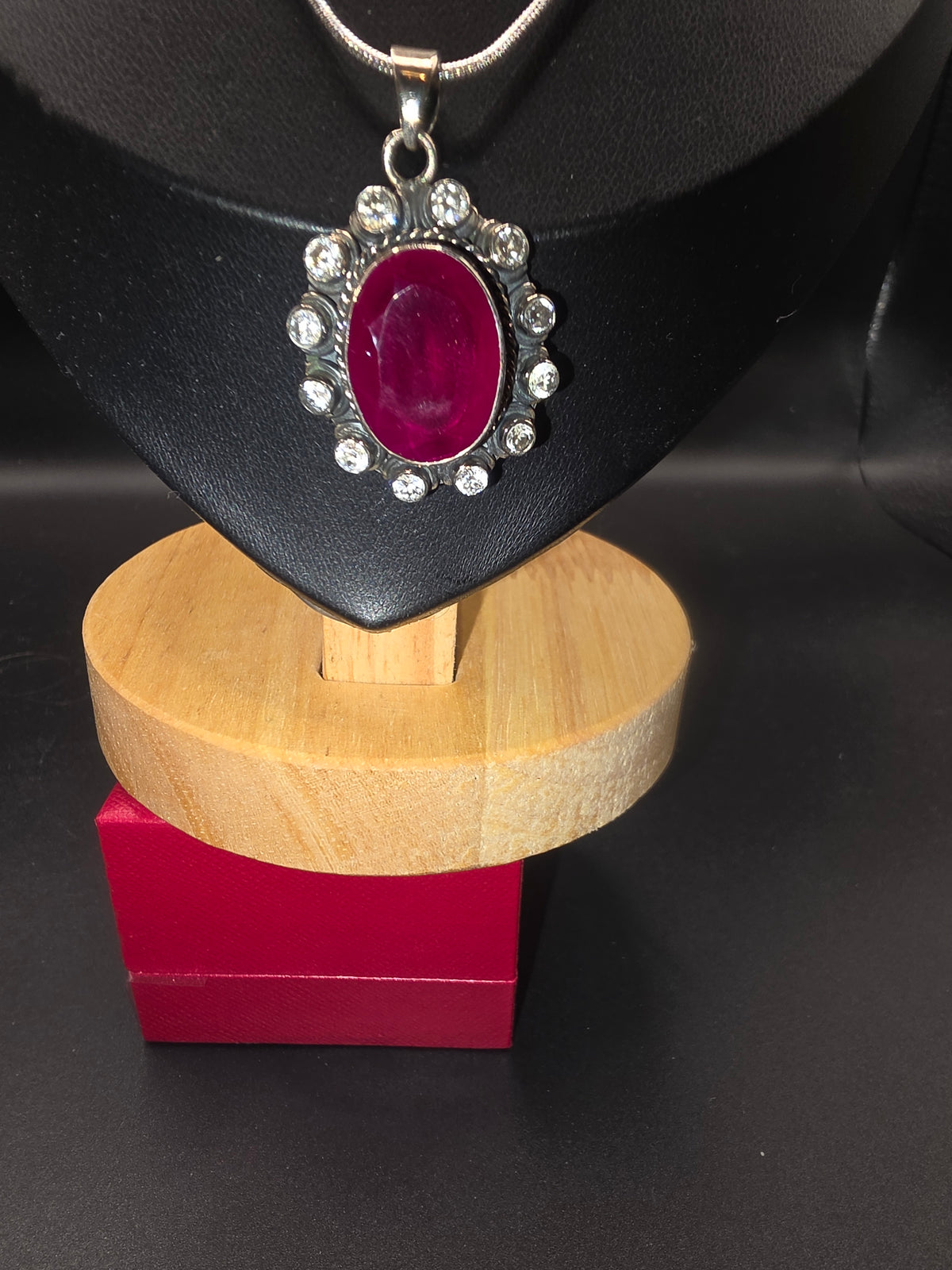 Unheated Cut Ruby & Zircon Large Pendant on Sterling Silver Chain