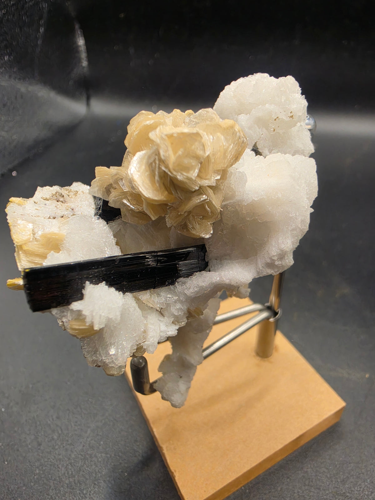 55g Elbaite & Black Tourmaline on Calcite – Pakistan