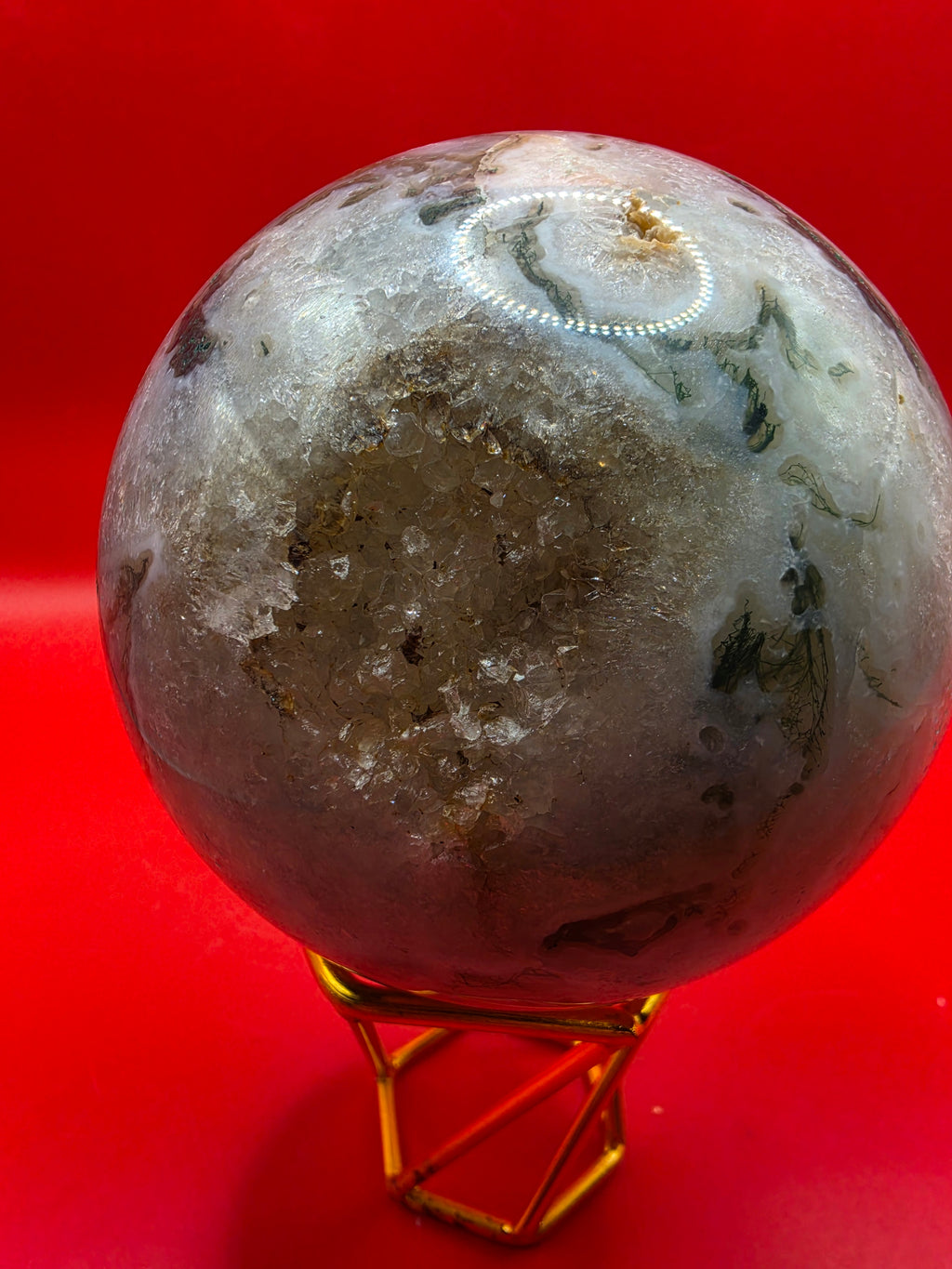 Moss Agate Sphere – 10cm with Exposed Druzy Crystals