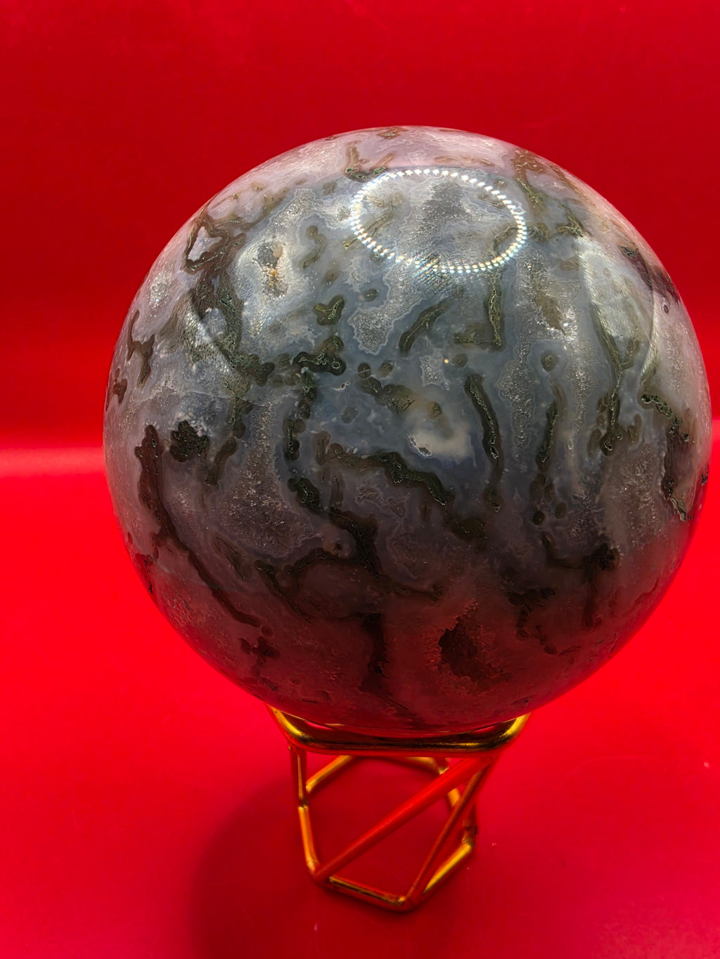 Moss Agate Sphere – 10cm with Exposed Druzy Crystals