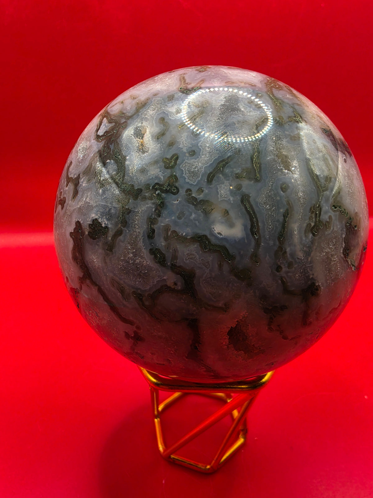 Moss Agate Sphere – 10cm with Exposed Druzy Crystals