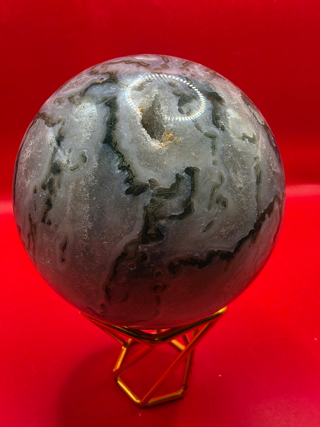 Moss Agate Sphere – 10cm with Exposed Druzy Crystals
