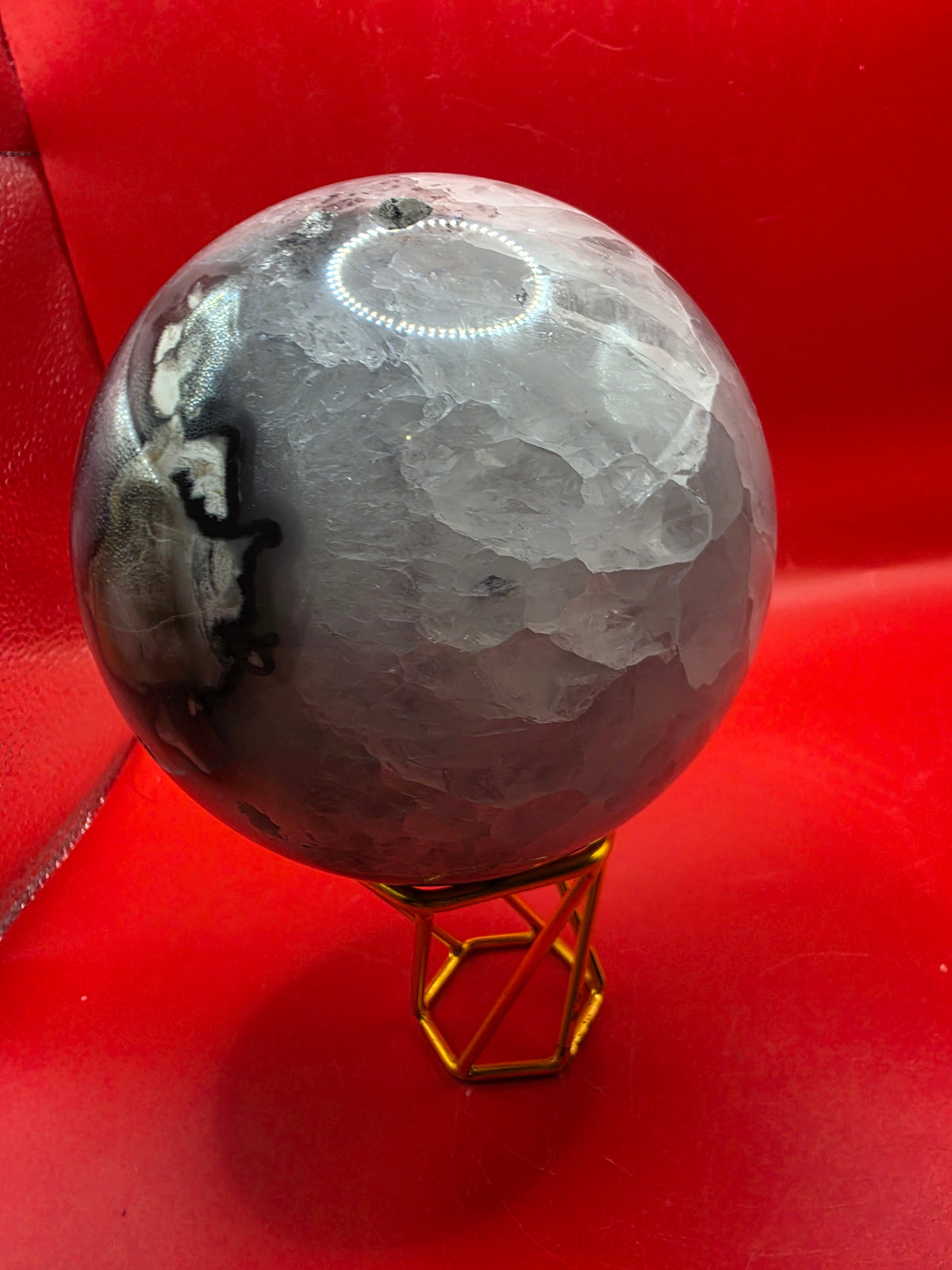 Moss Agate Sphere – 12cm with Exposed Druzy Crystals